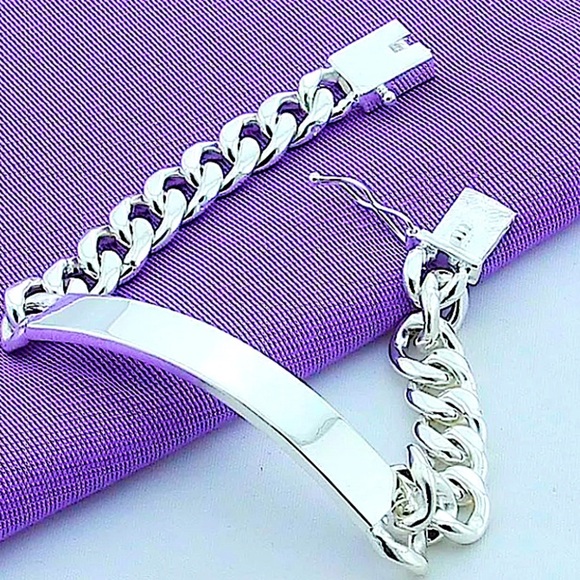 Nameplate ID Tag Sterling Silver Chain Link Curb Cuban Bracelet - Picture 7 of 12